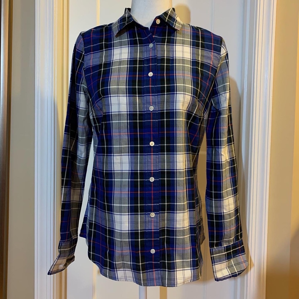 J Crew blue plaid button down shirt, size 4